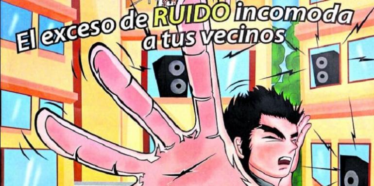 Caricatura joven incomodo con ruido en edificio