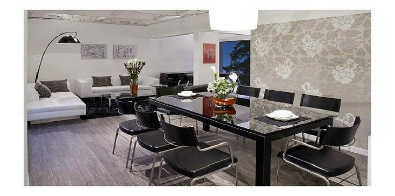 Comedor negro sala y muebles blancos