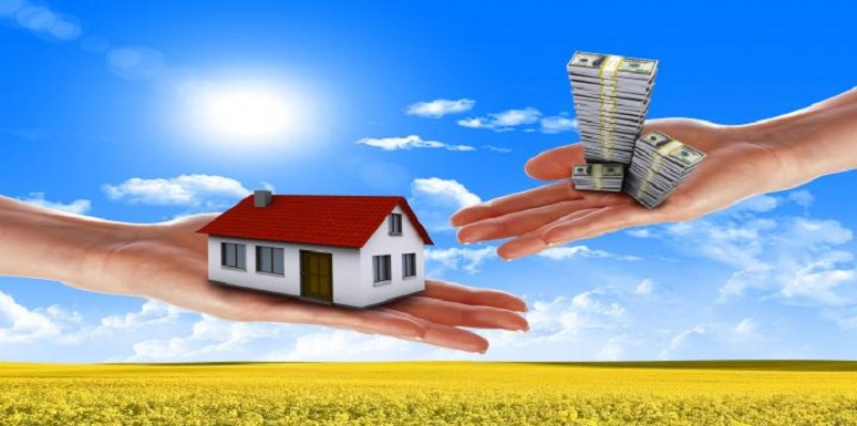 Mano sosreniendo casa y mano sosteniendo billetes sobre campo verde
