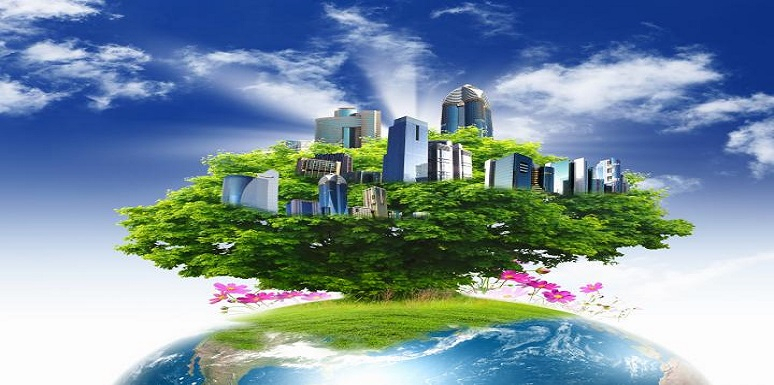 Planeta con arbol lleno de edificios 