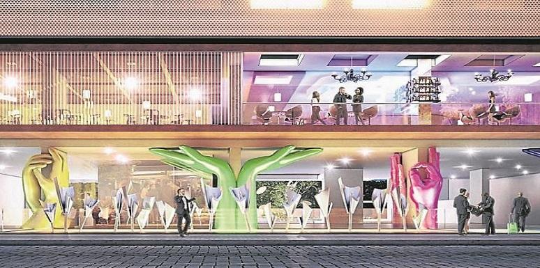 Render edificacion grandes ventanas esculturas en la entrada