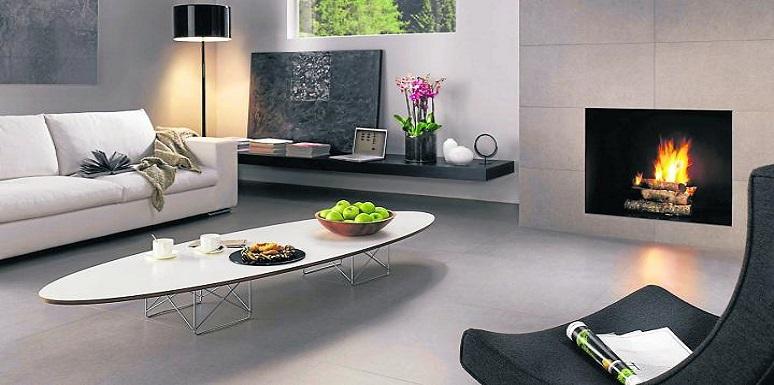 Sala con chimenea muebles blancos y negros