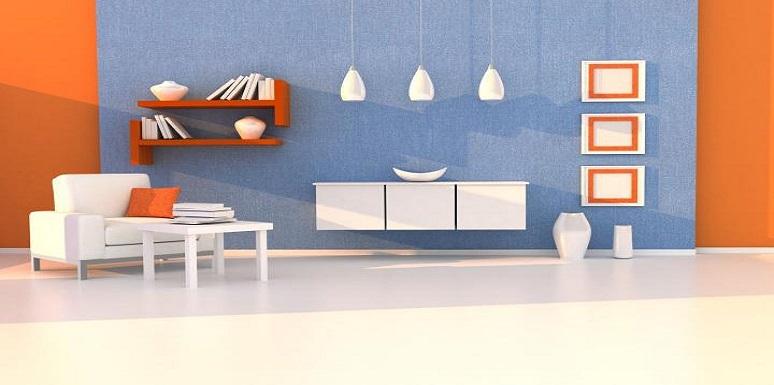 Sala paredes azul con naranja muebles blancos